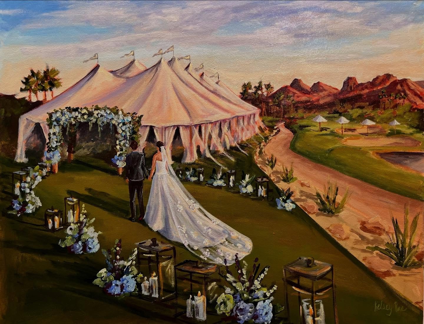 The details behind this beautiful Arizona wedding 🌵🏜️

@artby_kelseyrae captured the sunset vibes of this outdoor Scottsdale wedding. 22x28&rdquo; live painting finished on site! 

Vendor Team:
@phoenicianscottsdale
@revelweddingcompany
@jaimeecmor