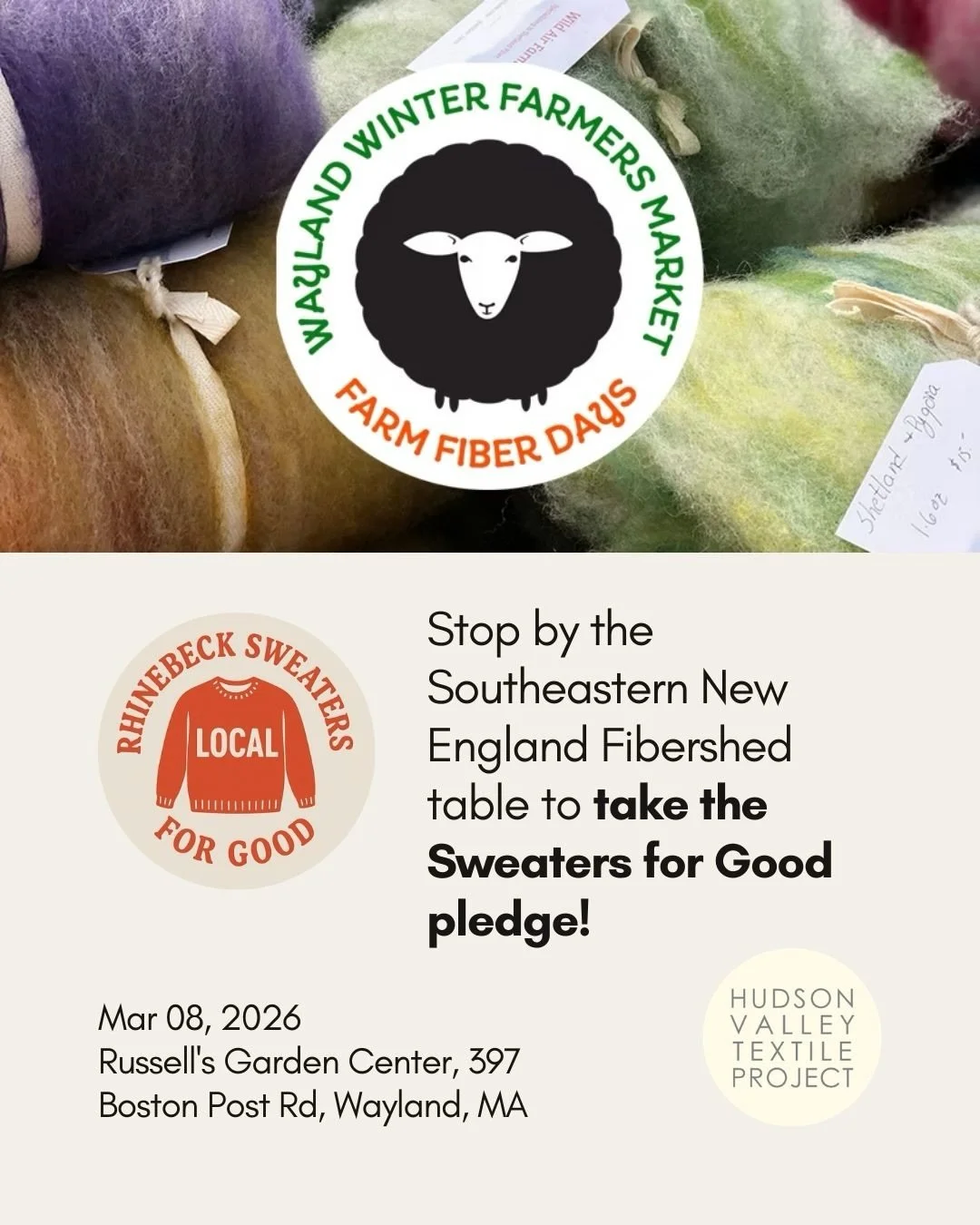 🐑✨Stop by the @senewenglandfibershed table at @farmfiberday this Sunday to take the Rhinebeck Sweaters for Good pledge! Visit them at booth 29. They&rsquo;ll be happy to answer any of your questions.

Share your work in progress, and see local desig