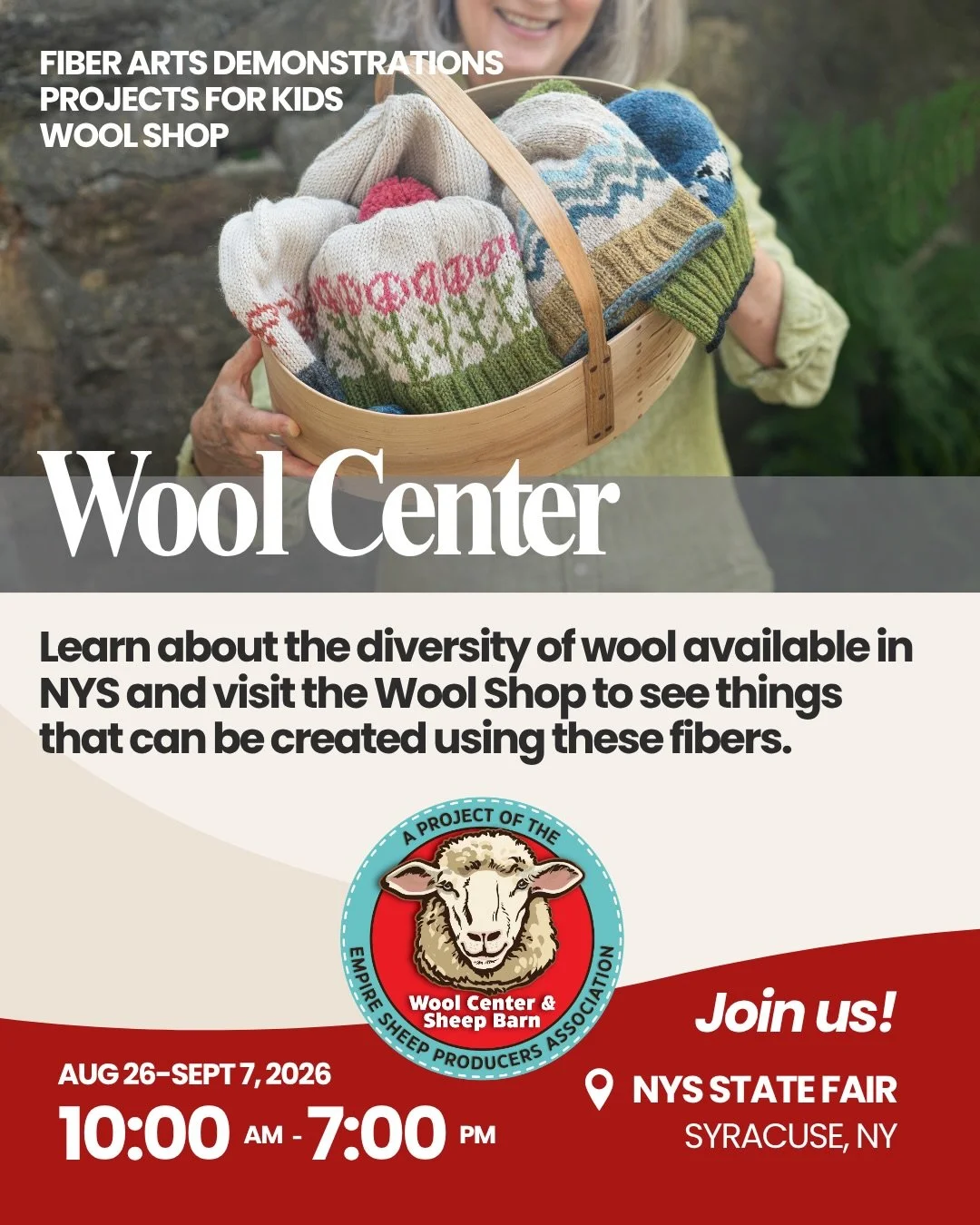🐑🧶Join us at the Wool Center &amp; Sheep Barn at the Great NY State Fair!

&bull; When: 10am-7pm, Aug 26 - Sept 7, 2026
&bull; Where: At the West end of NYS Fairgrounds, Syracuse, NY

Learn about the diversity of wool available in NYS and visit the