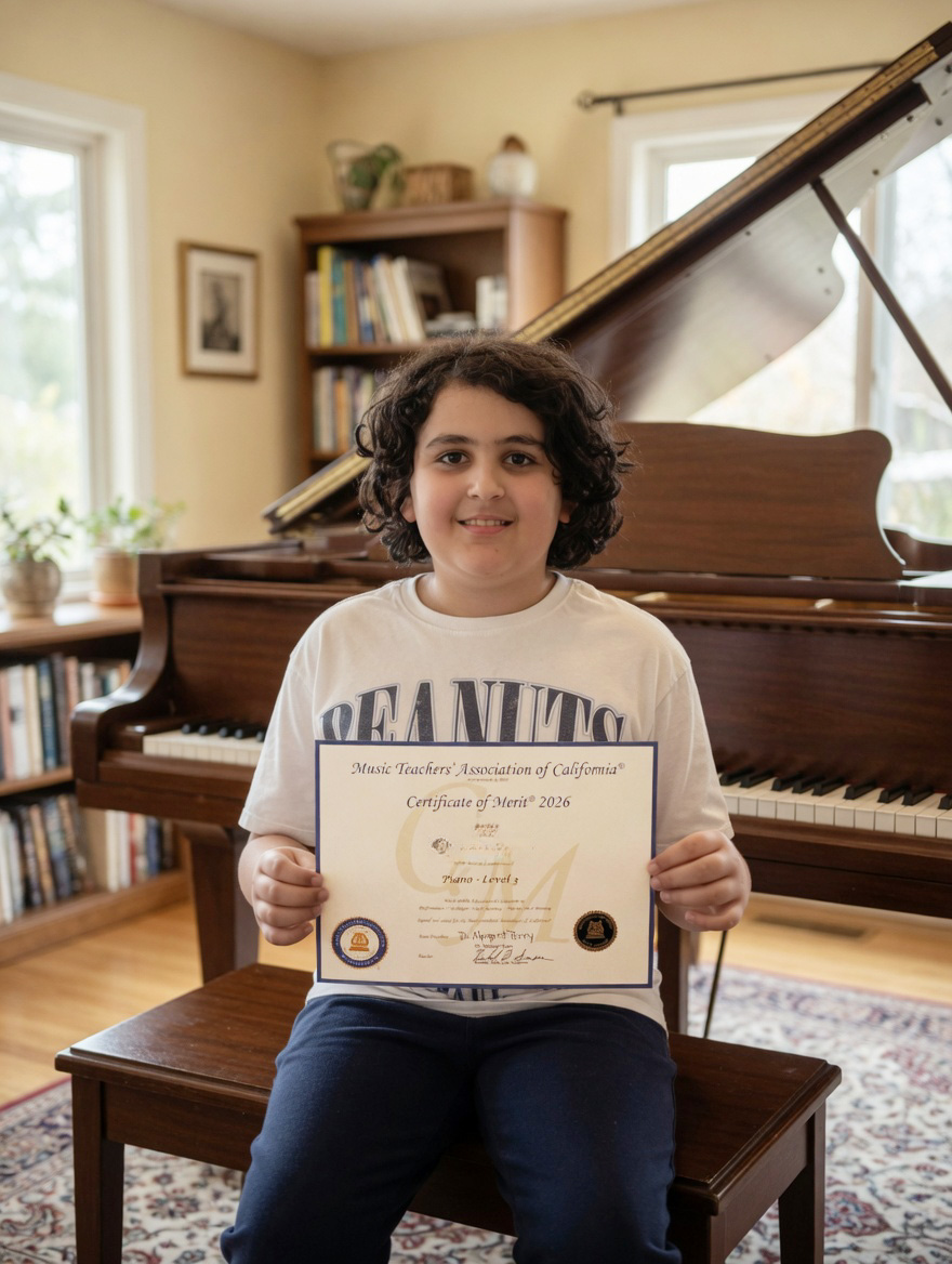 A young boy with curly dark hair sitting on a wooden bench in front of a grand piano, holding a certificate of merit from the Music Teachers' Association of California, smiling in a cozy living room with bookshelves and large windows.