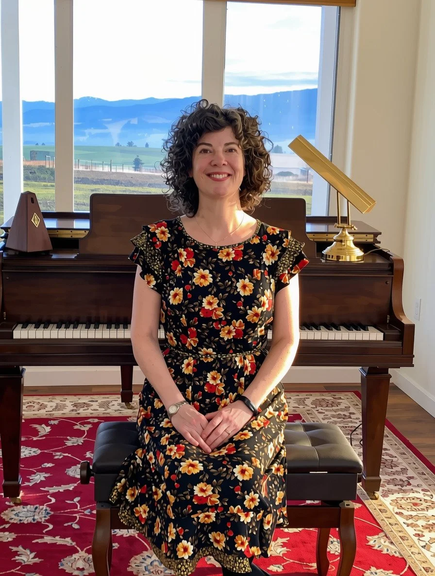 Woman with curly hair wearing a floral dress sitting in front of a piano in a room with large windows showing mountains in the background.