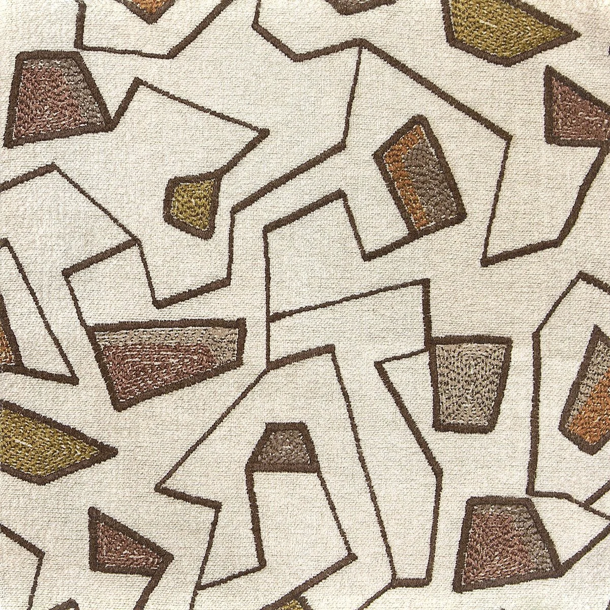 Abstract geometric pattern with brown outlines and filled shapes on a beige background.