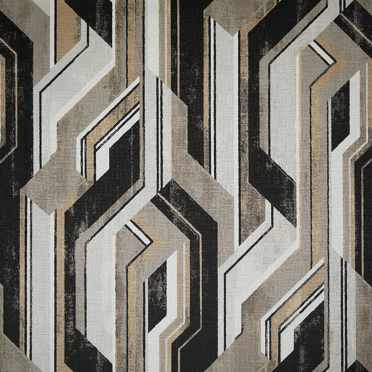 Geometric abstract pattern with overlapping angular shapes in black, white, gray, and beige tones.