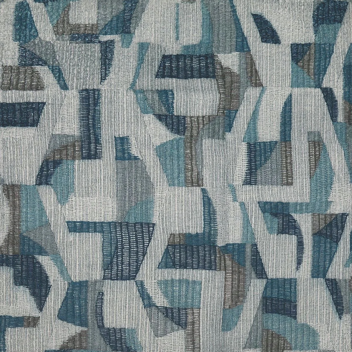 Abstract geometric textile pattern with blue, gray, and black tones, featuring intersecting shapes and lines creating a layered effect.