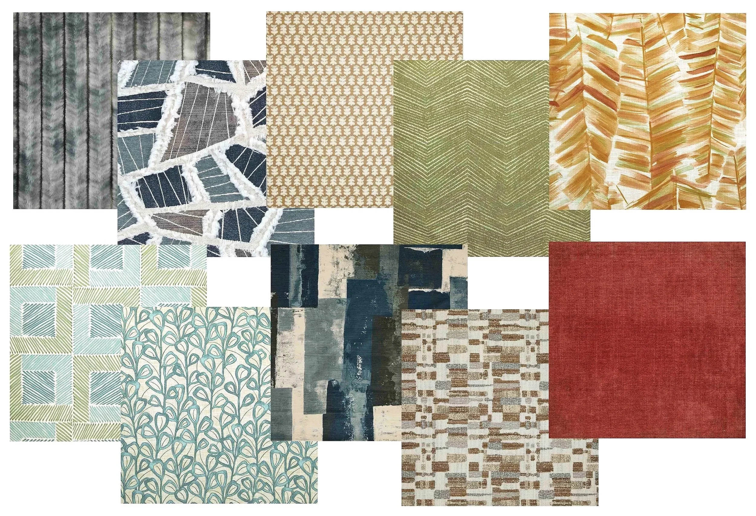 A collage of various textured fabric patterns in different colors, including green, blue, red, and beige. Designs include geometric shapes, abstract patterns, and natural motifs.