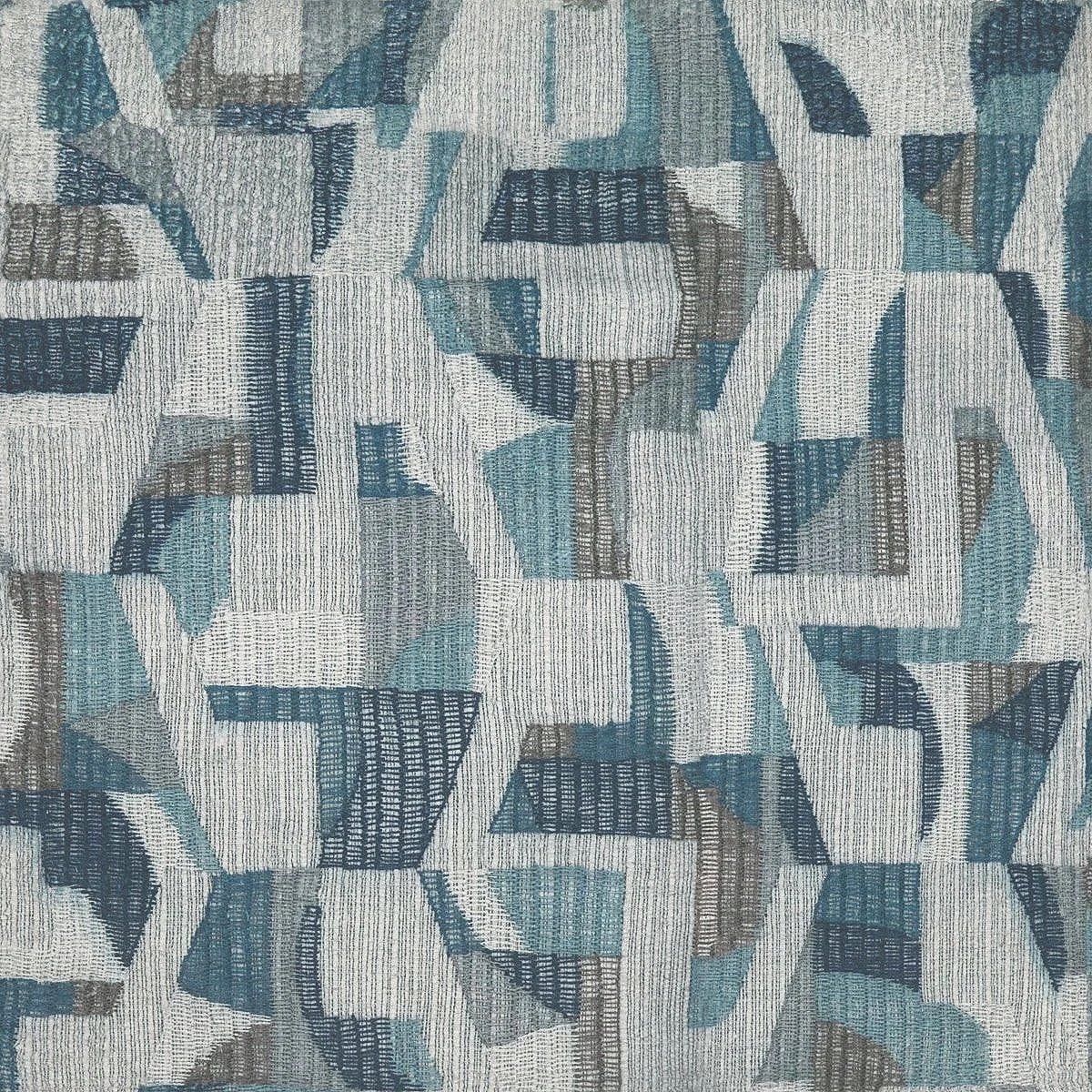 Abstract geometric textile pattern with blue, gray, and black tones, featuring intersecting shapes and lines creating a layered effect.