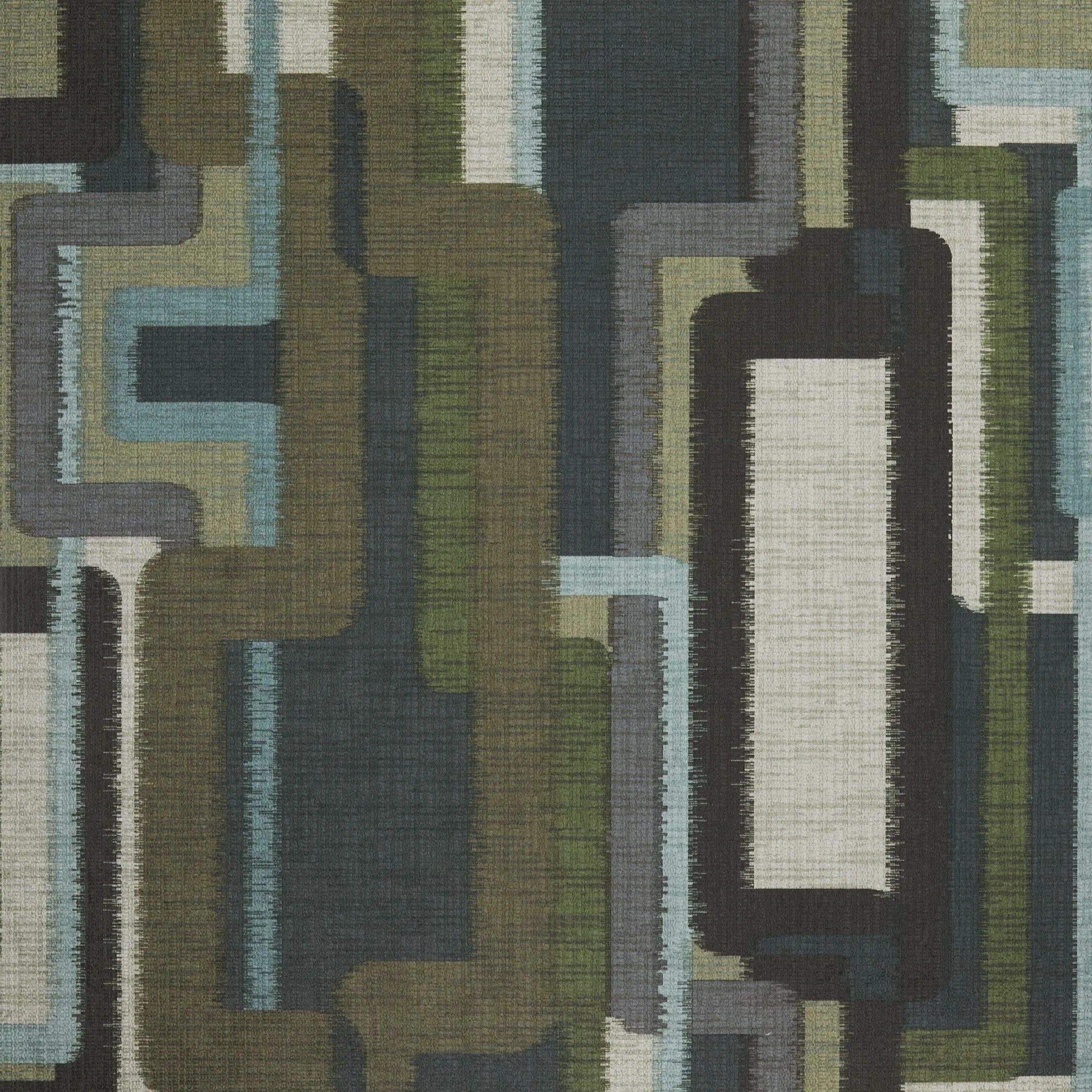 Abstract geometric pattern with vertical and horizontal shapes in various shades of green, gray, black, and blue.