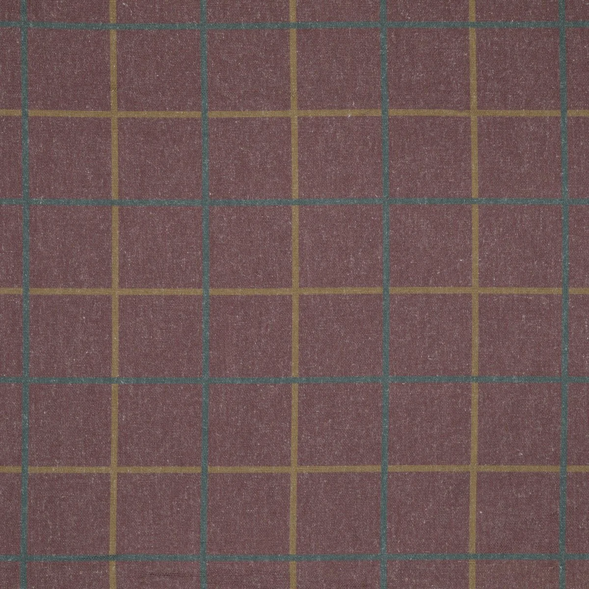 A patterned fabric with a checkered design featuring blue and yellow grid lines on a maroon background.