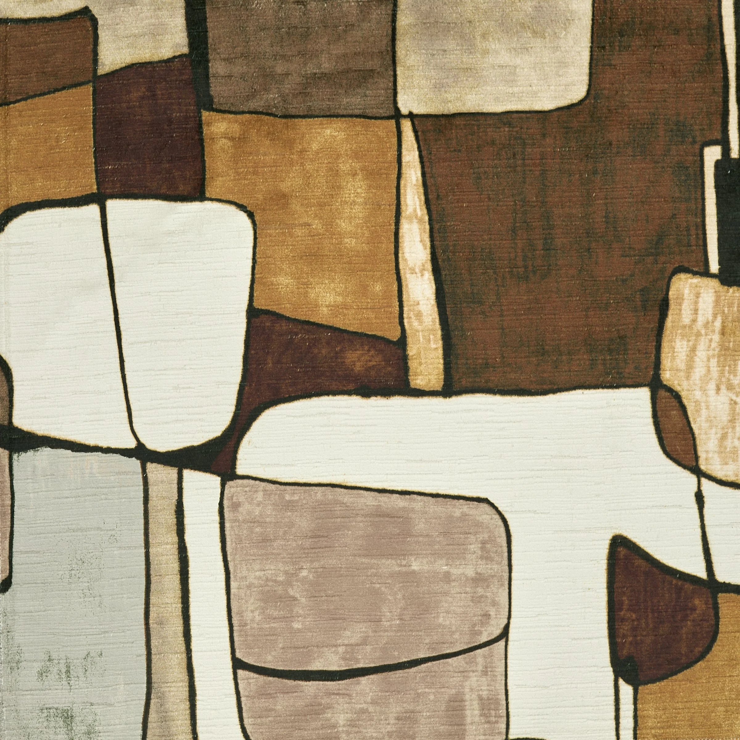 Abstract geometric pattern with rectangles and lines in shades of brown, beige, and white.