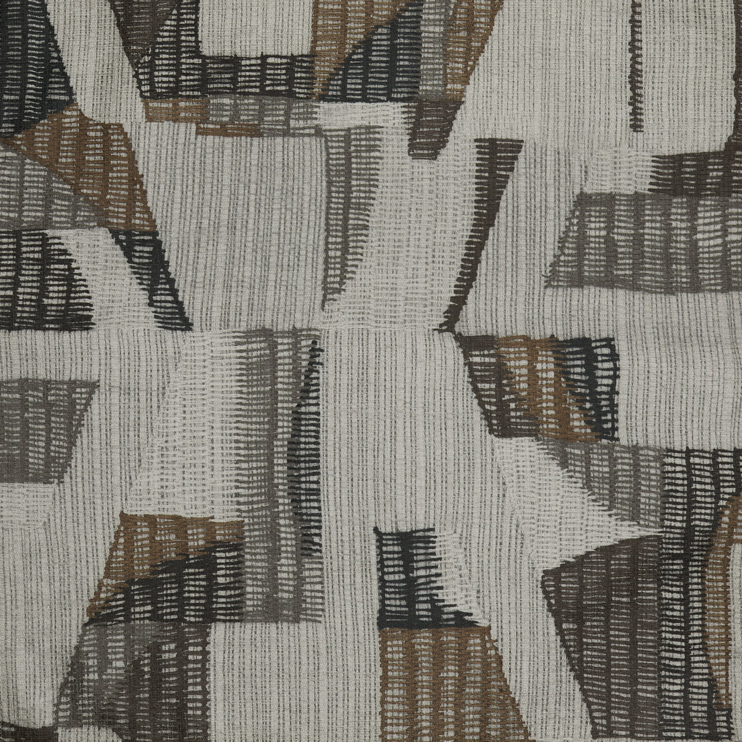 Patterned woven textile with various geometric shapes and lines in shades of black, brown, and beige.