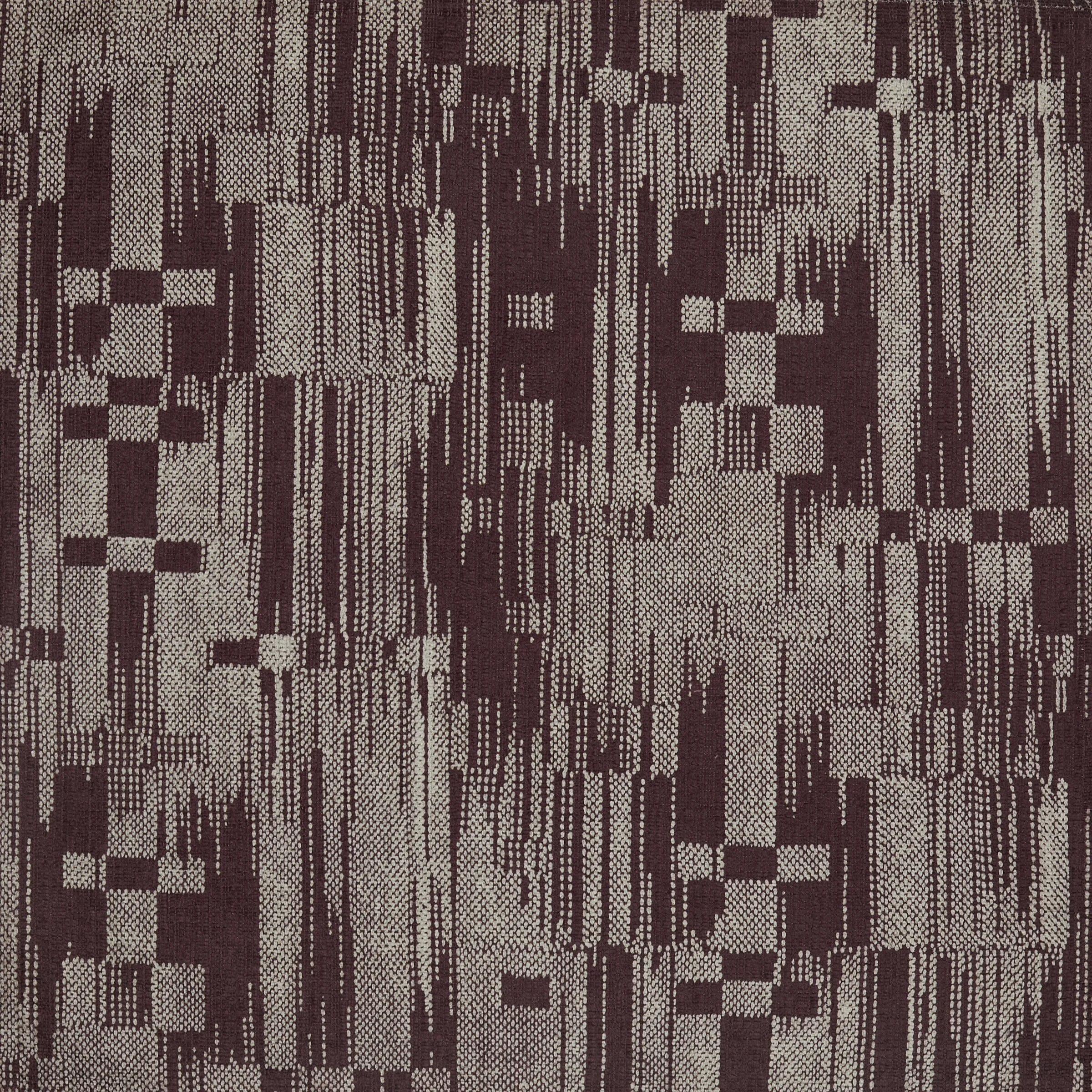 A close-up view of a woven textile with a pattern of squares and vertical lines in shades of purple and cream.