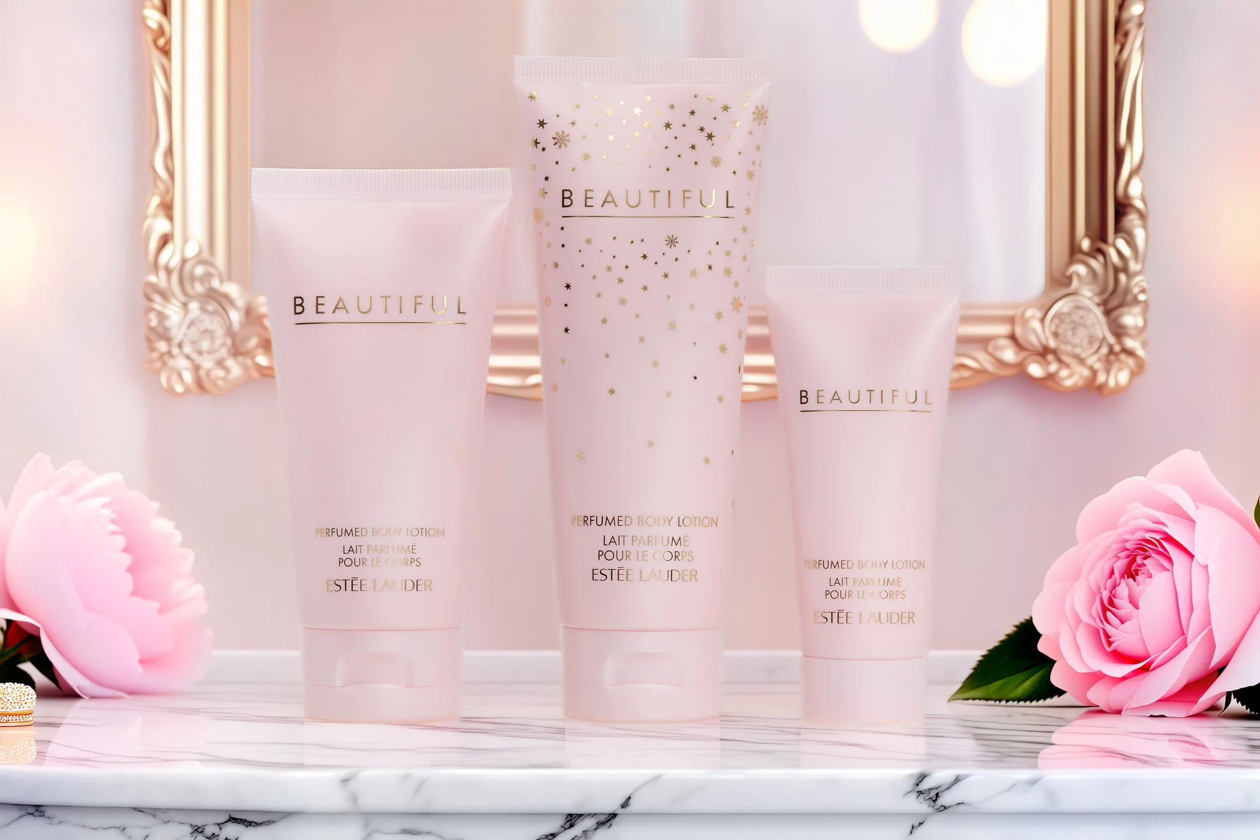 Three Estée Lauder perfume body lotions with gold star and snowflake designs, placed on a white marble surface with pink peonies and a decorative gold mirror in the background, ai greeted background for pack shot.