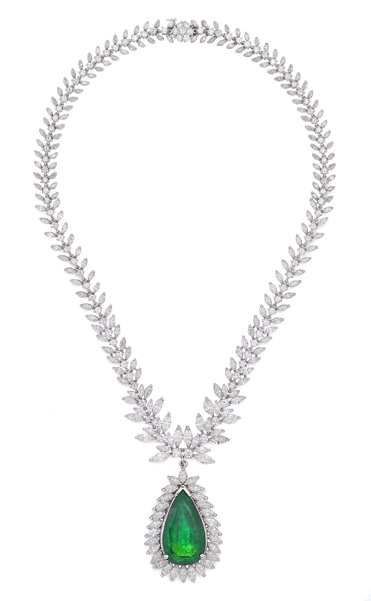 An elegant diamond necklace with a large green gemstone pendant.