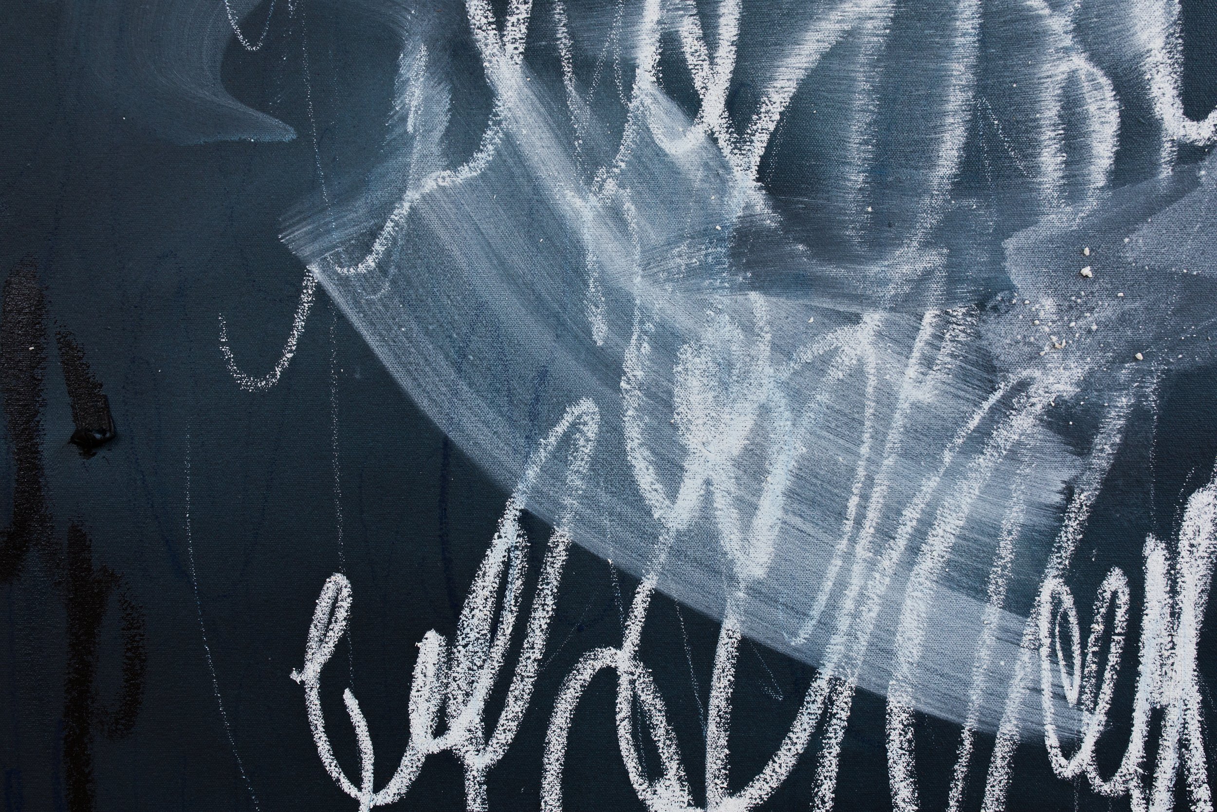 Close-up of a black chalkboard with partial white chalk writing and smudges.