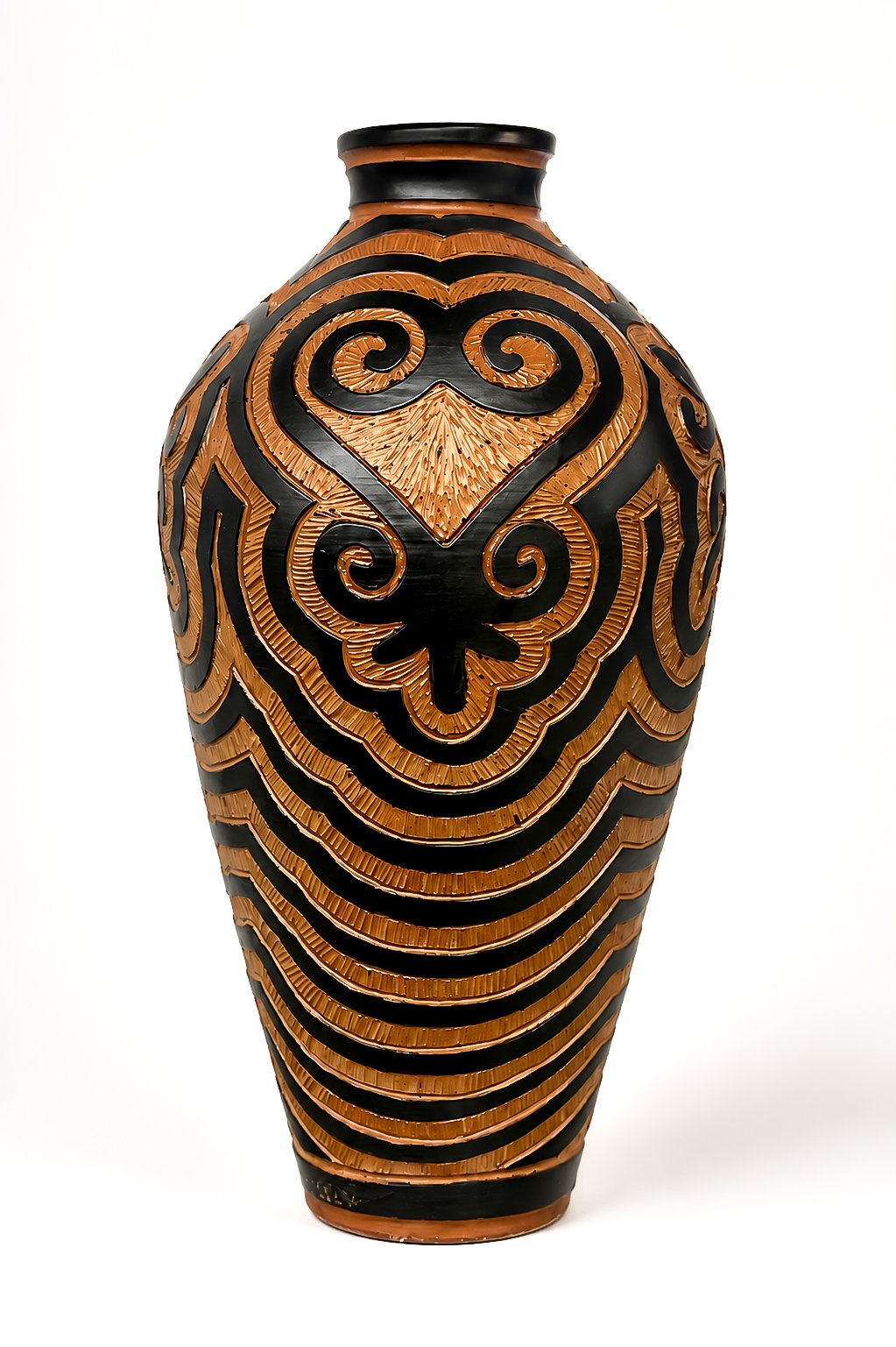 Sankofa Coil and Throw - 27" H; Large wheel-thrown ceramic vase featuring intricate hand-carved geometric and Adinkra-inspired designs in glossy black and warm brown, with layered spiral, heart-like, and linear patterns.