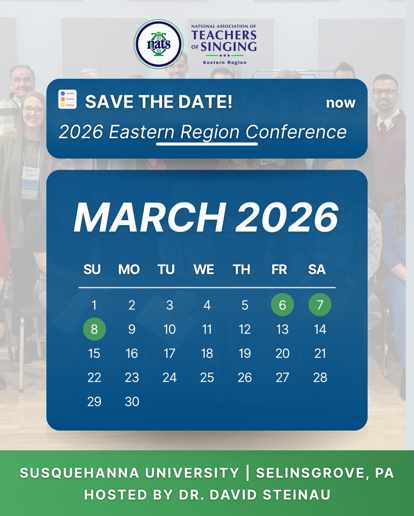 🎉 Exciting News! 🎉

We&rsquo;re thrilled to announce that the 2026 NATS Eastern Region Conference will be held at Susquehanna University from March 6-8th! 🎶✨

It&rsquo;s going to be a weekend full of beautiful singing, inspiring sessions, and maki
