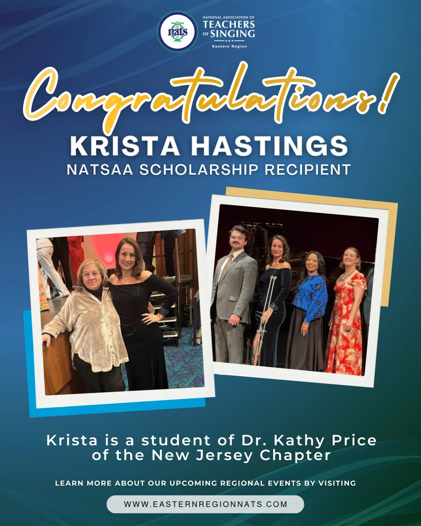 🎉 A big congratulations is in order to Eastern Region singer Krista Hastings (@kristahastingssoprano) on receiving a scholarship from her beautiful performance at the NATS Artist Awards (NATSAA)!

Krista is a student of Dr. Kathy Price (@kathy.price