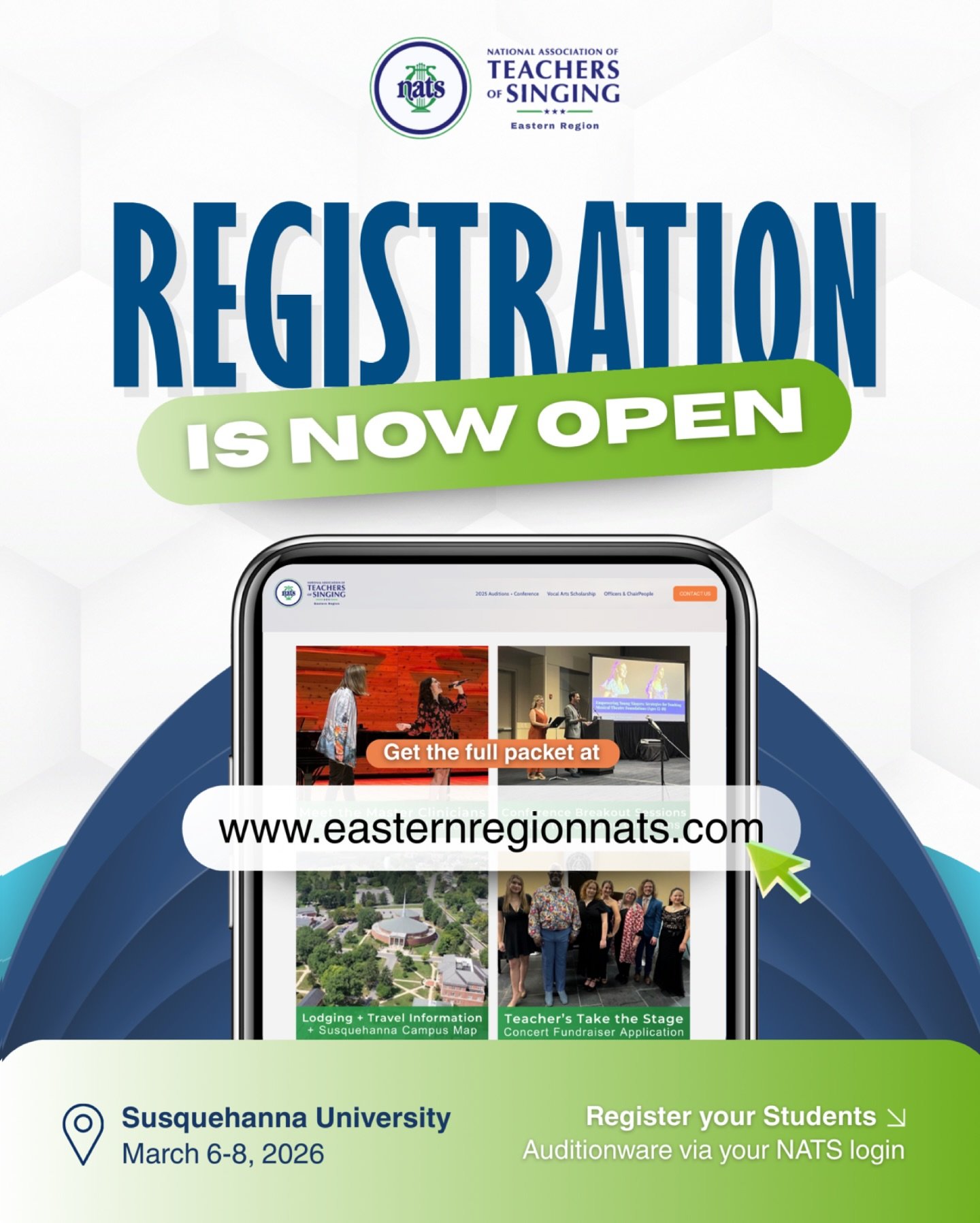 🎉 REGISTRATION IS LIVE! 🎉 
👏 We are thrilled to announce that registration is now open for the NATS Eastern Region Conference at Susquehanna University, happening March 6&ndash;8, with our hosts Dr. David Steinau (@davidsteinau) and Dr. Amanda Sta
