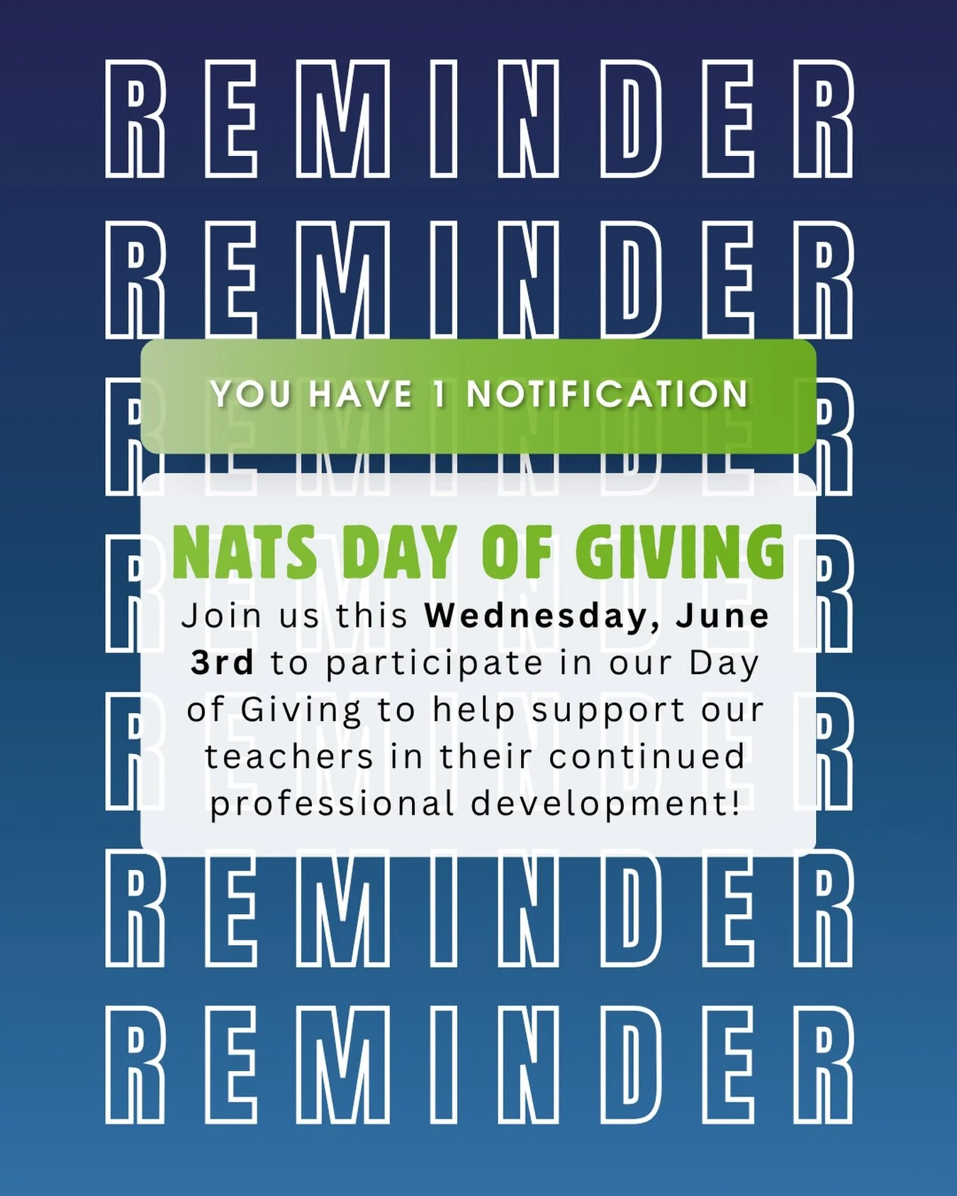 🔔 Reminder: NATS Day of Giving is almost here! 🔔

This Wednesday, join us in supporting the teachers, students, and programs that help our singing community thrive.

Every gift helps provide opportunities for:
🎤 Professional development
📚 Educati