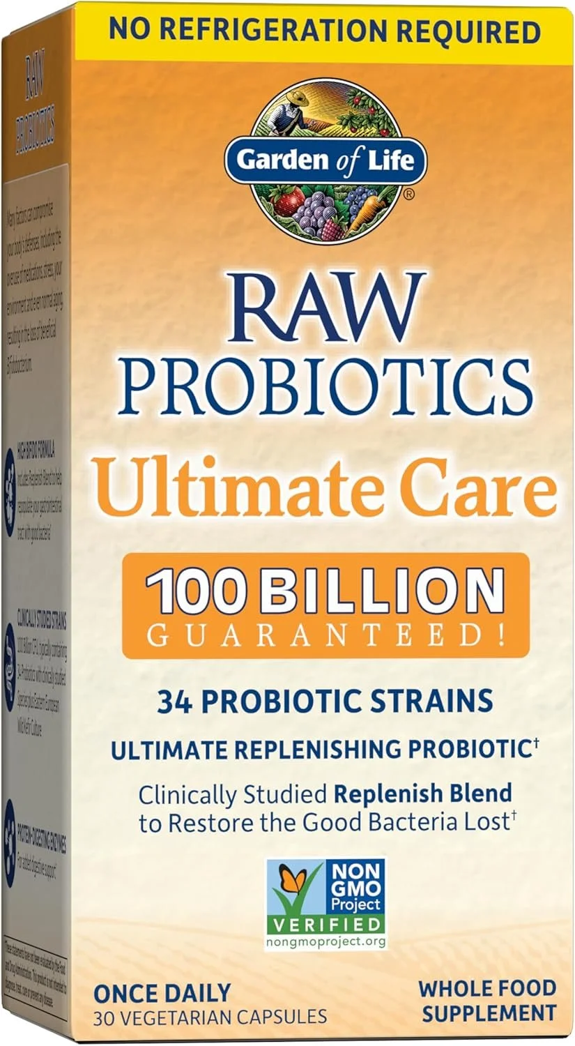Box of Garden of Life Raw Probiotics Ultimate Care dietary supplement with bright orange and yellow packaging, stating 'No Refrigeration Required' and '100 Billion Guaranteed!' includes a picture of various fruits, vegetables, and a gardener on the logo.