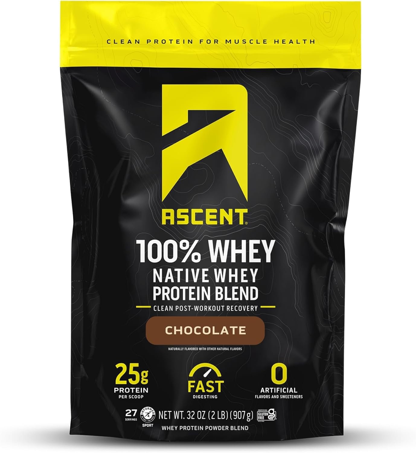 A black and yellow package of Ascent 100% whey native whey protein blend in chocolate flavor, with details about protein content, digestion speed, and ingredients, stating it contains no artificial flavors or sweeteners, designed for post-workout recovery.