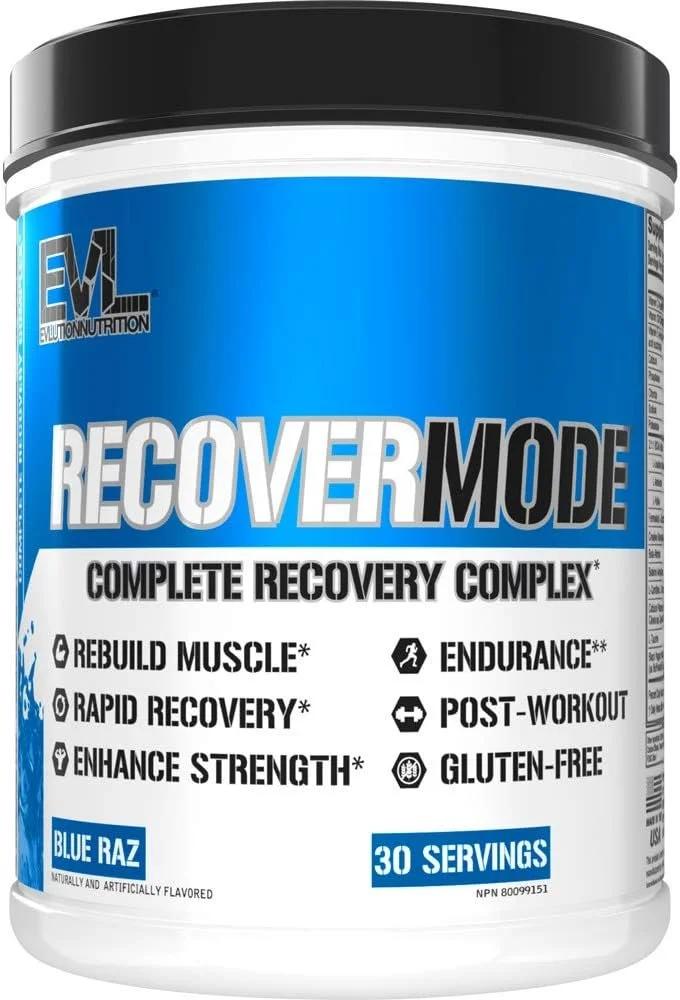 Supplements container labeled 'Recover Mode' with a blue design, indicating it is for recovery, muscle rebuilding, endurance, and strength enhancement, with 30 servings.