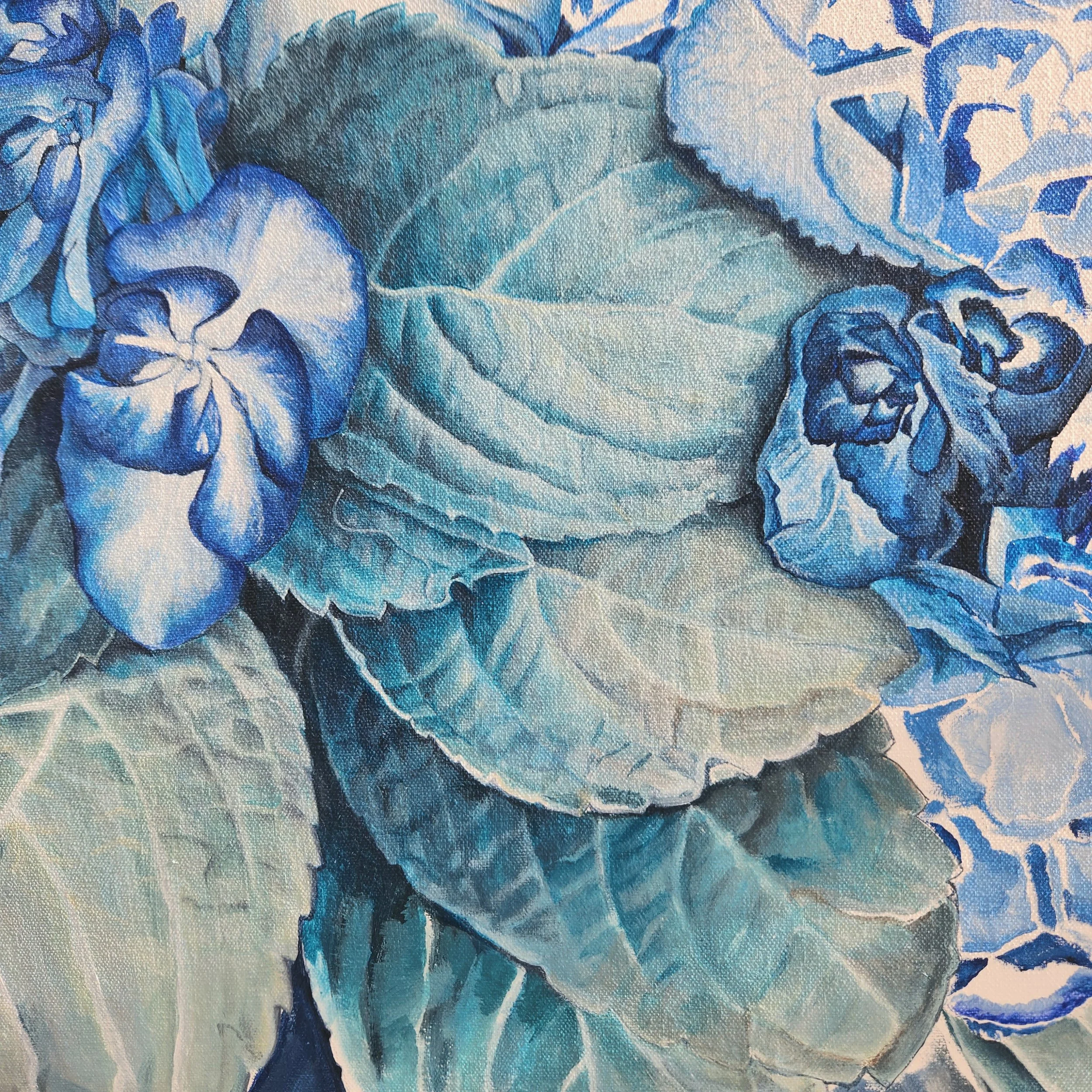 Close-up of blue and beige painted leaves and flowers with detailed foliage.