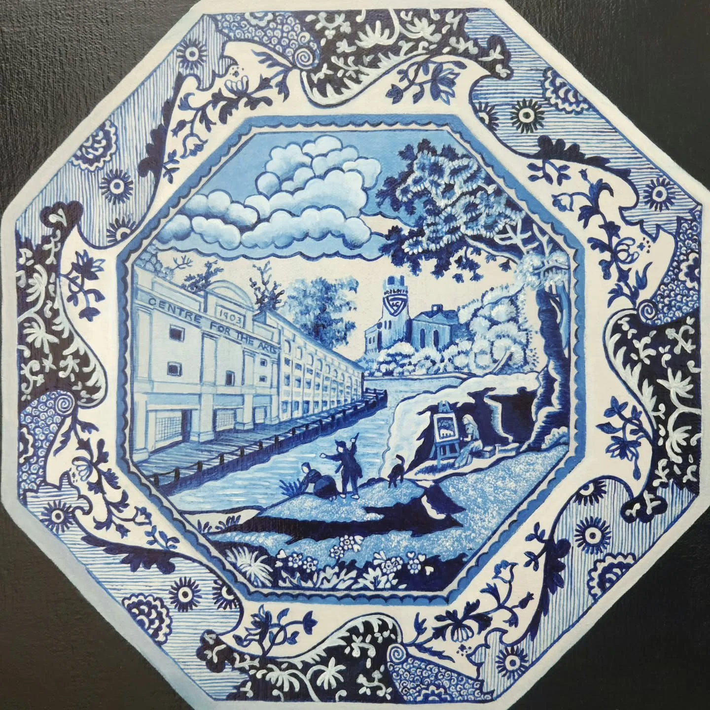 Plate No.4

This is the only octagonal plate featured in the painting and is based upon the "Blue Italian" Spode design. Here I have added a mini self portrait within the portrait me as a tiny figure in front of an easel. Also featuring the
