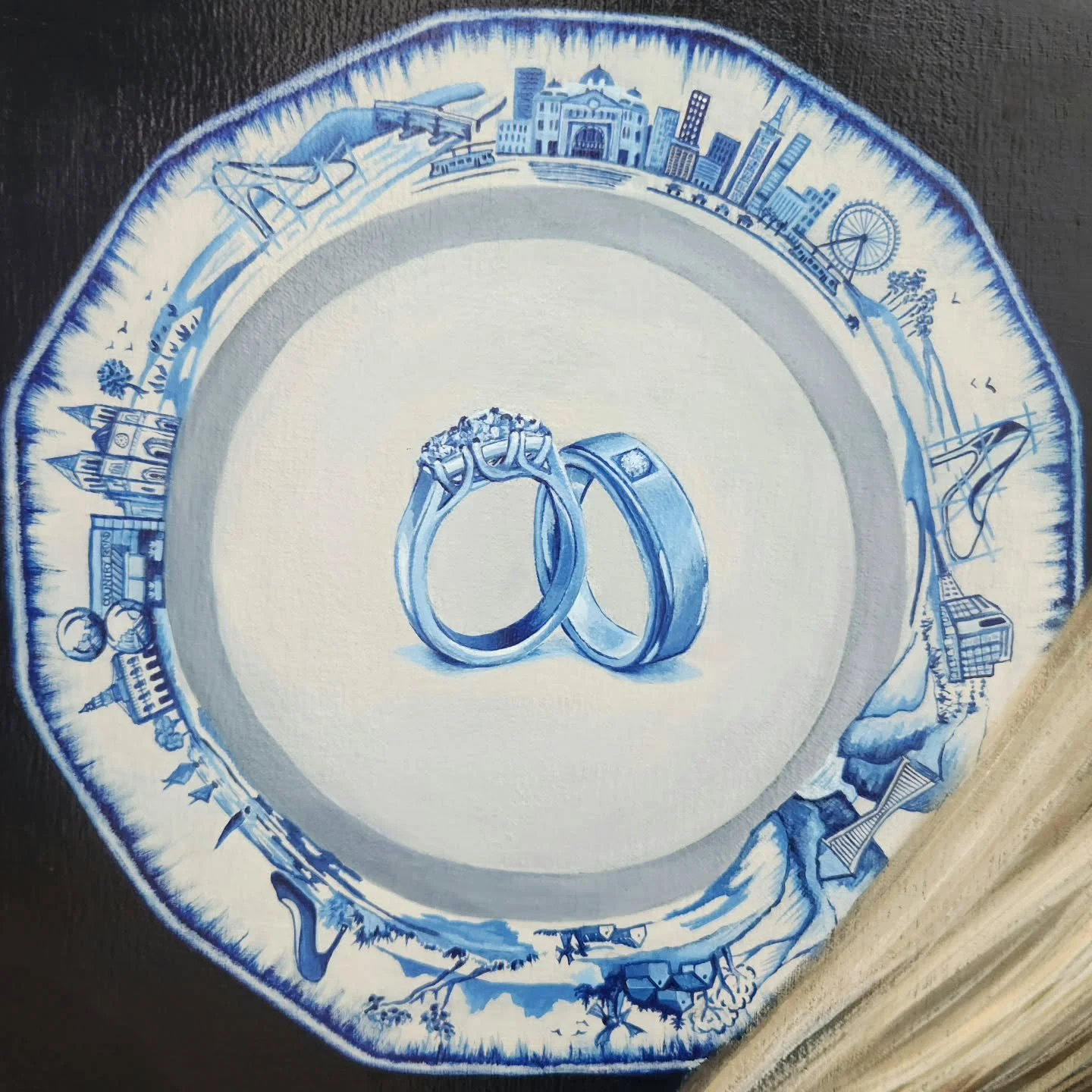 Plate No.5

This plate is based on the Royal Doulton Norfolk design. It was a very full five year period of my life where my time was shared across three different states. Studying shoe design and construction in Adelaide, returning to my family home