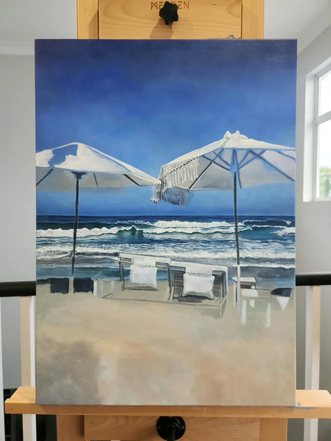 I'm not great at sharing progress pics, the constant battling with my perfectionist tendencies is the real reason. 
At this stage in a painting there are still so many areas I want to work on. However, despite the half mapped in furniture, incomplete