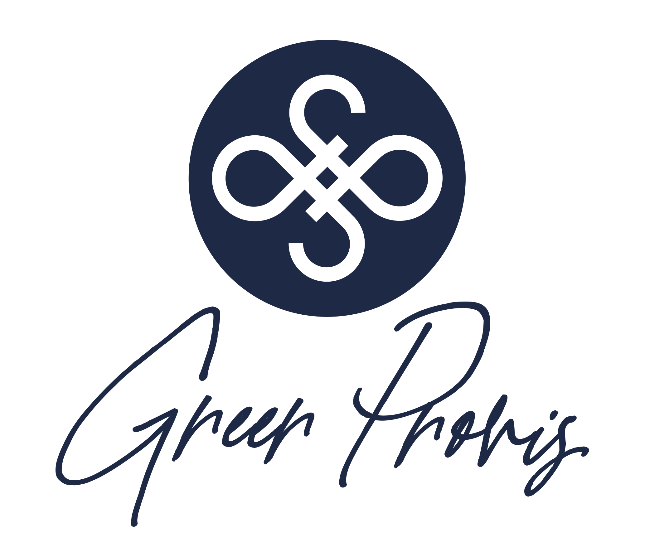 Logo featuring a white intertwined symbol of the letters g and p inside a navy blue circle, with the words "Greer Provis" written in dark blue cursive below.