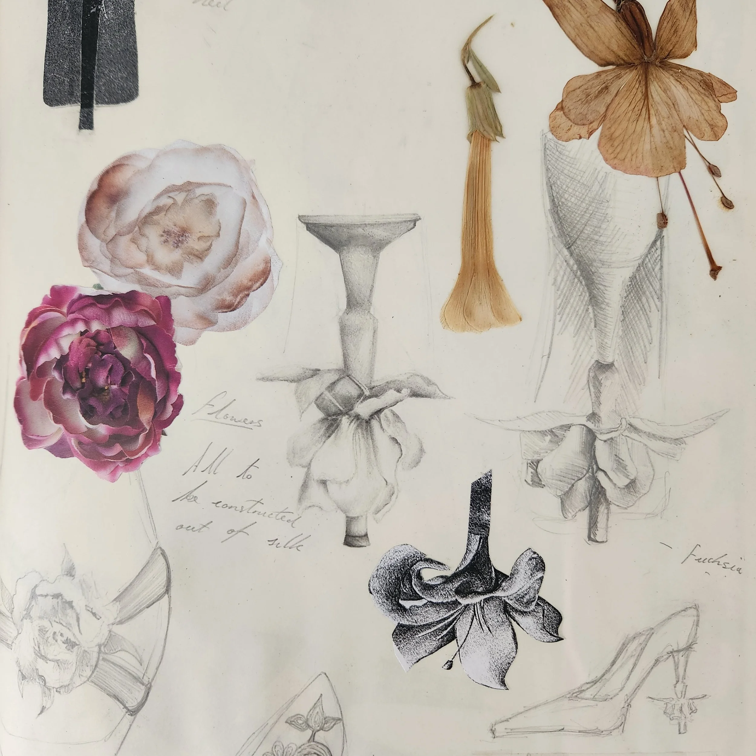 Collection of floral sketches and illustrations, includes colored and pencil drawings of roses, a flower in a vase, a leaf, and a shoe, with some handwritten notes.