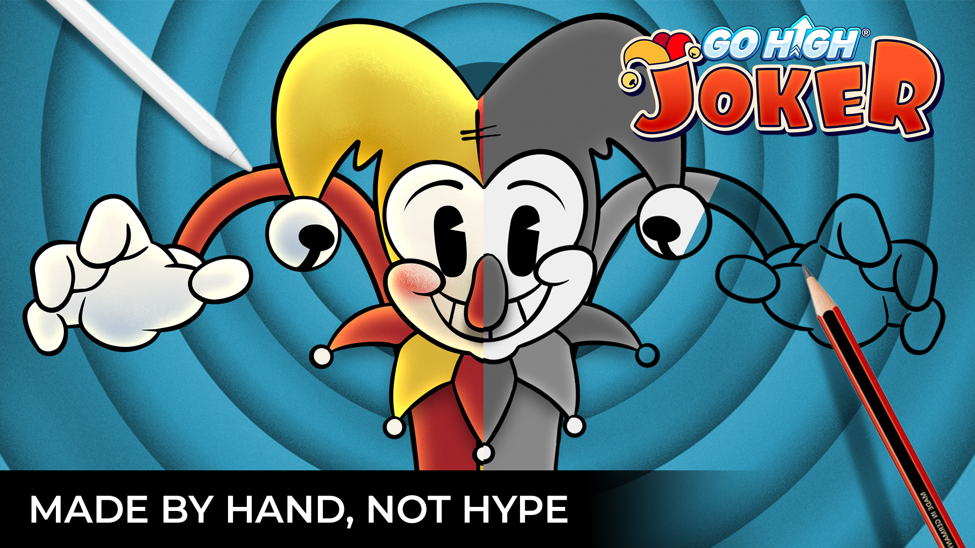 A thumbnail featuring a smiling cartoon jester with half-colored face and hair and showing a logo 'GO HIGH JOKER' in the top right and a slogan 'MADE BY HAND, NOT HYPE' in the bottom left, all on a blue concentric circle background.