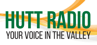 Hutt Radio logo with green and orange text and a black and gray wave design.