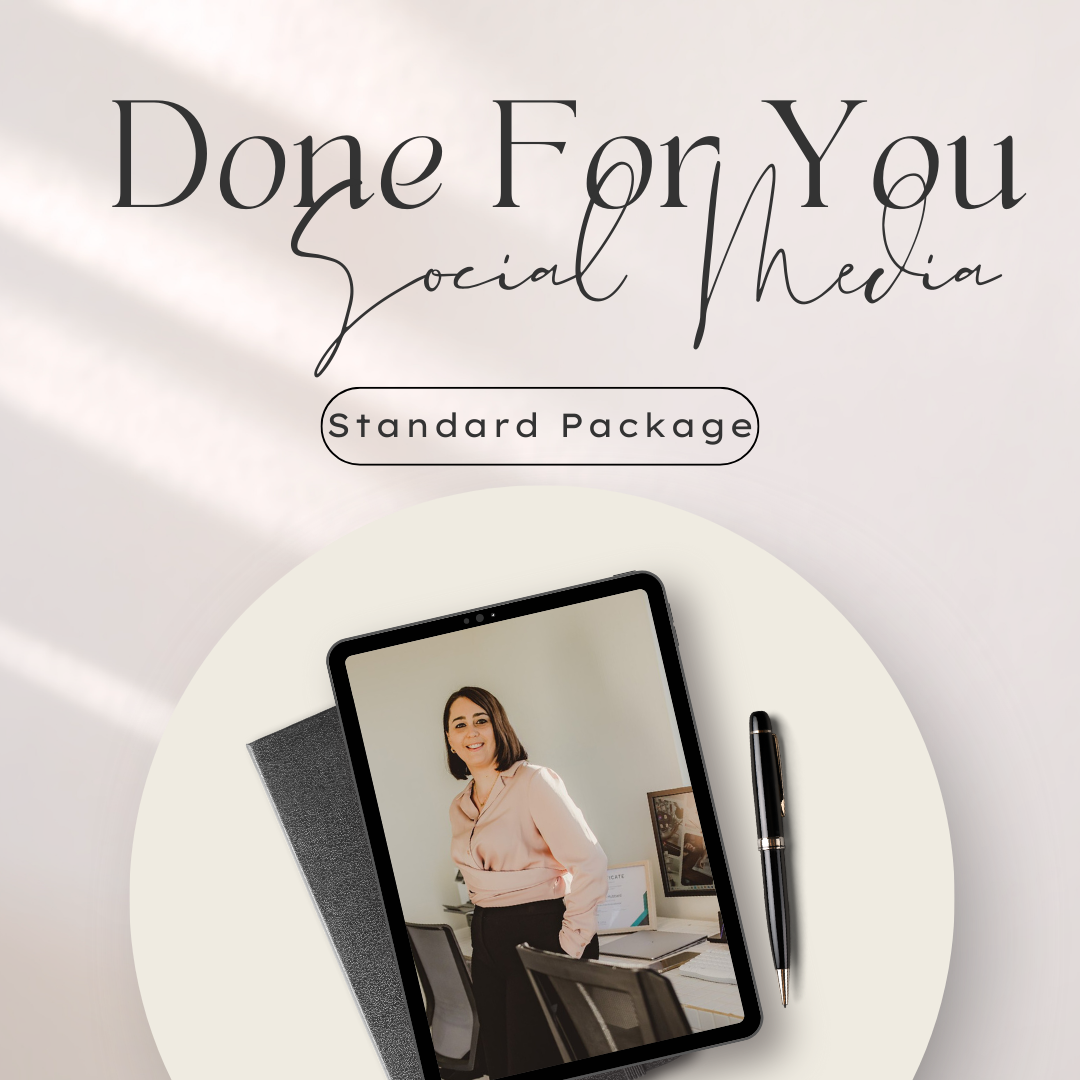 Product packaging for a social media management service called 'Done For You' with a photo of a woman smiling at a desk, a pen, and a closed notebook.