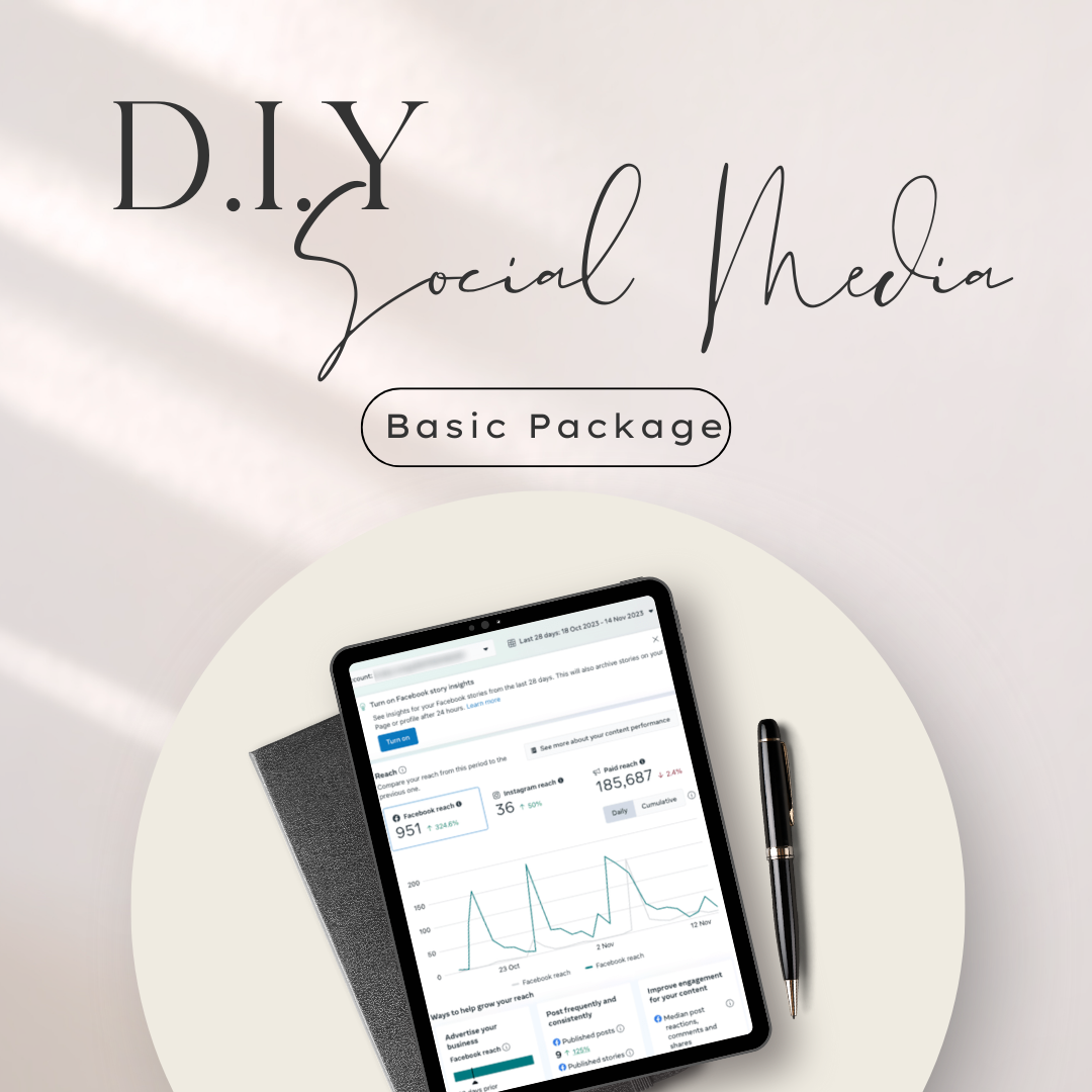 A digital tablet displaying social media analytics on a white surface, accompanied by a black pen with gold accents, against a soft, light background with the text 'D.I.Y Social Media Basic Package'.