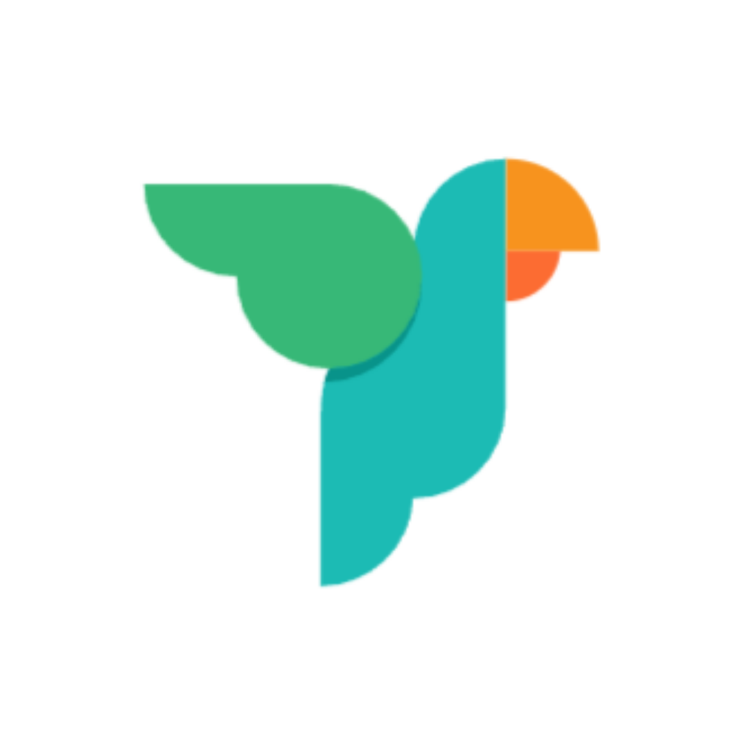 Budgee Logo A colorful abstract bird logo composed of green, blue, orange, and yellow shapes.