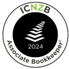 Logo for ICNZB 2024 Associate Bookkeeper with a circular design, black and white checkered pattern in the center, and text around the circle.