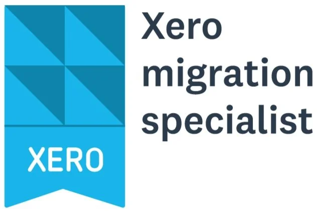 Logo with blue geometric shapes and the text "Xero migration specialist"