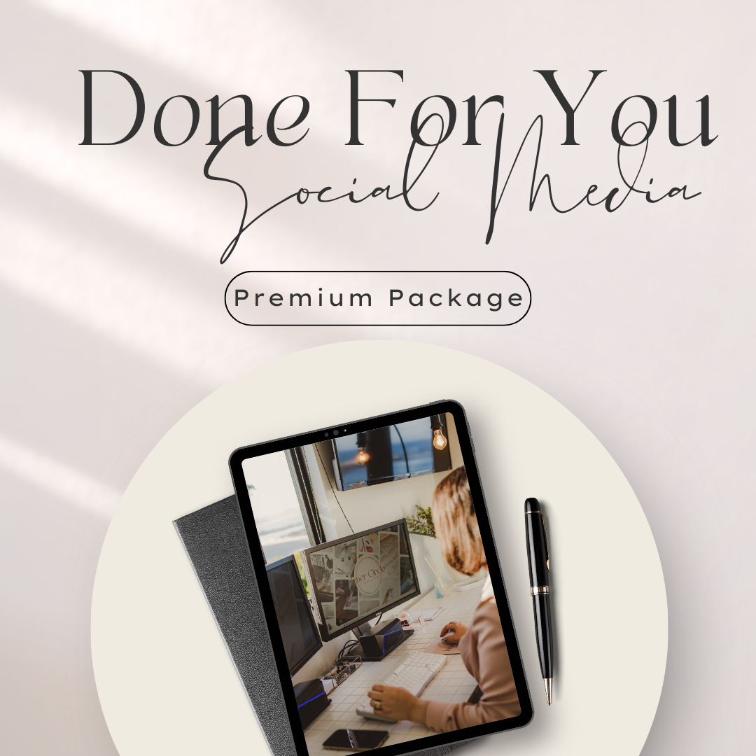 Social media package advertisement featuring a woman working at a desk with multiple computer screens, a keyboard, and a graphics tablet.