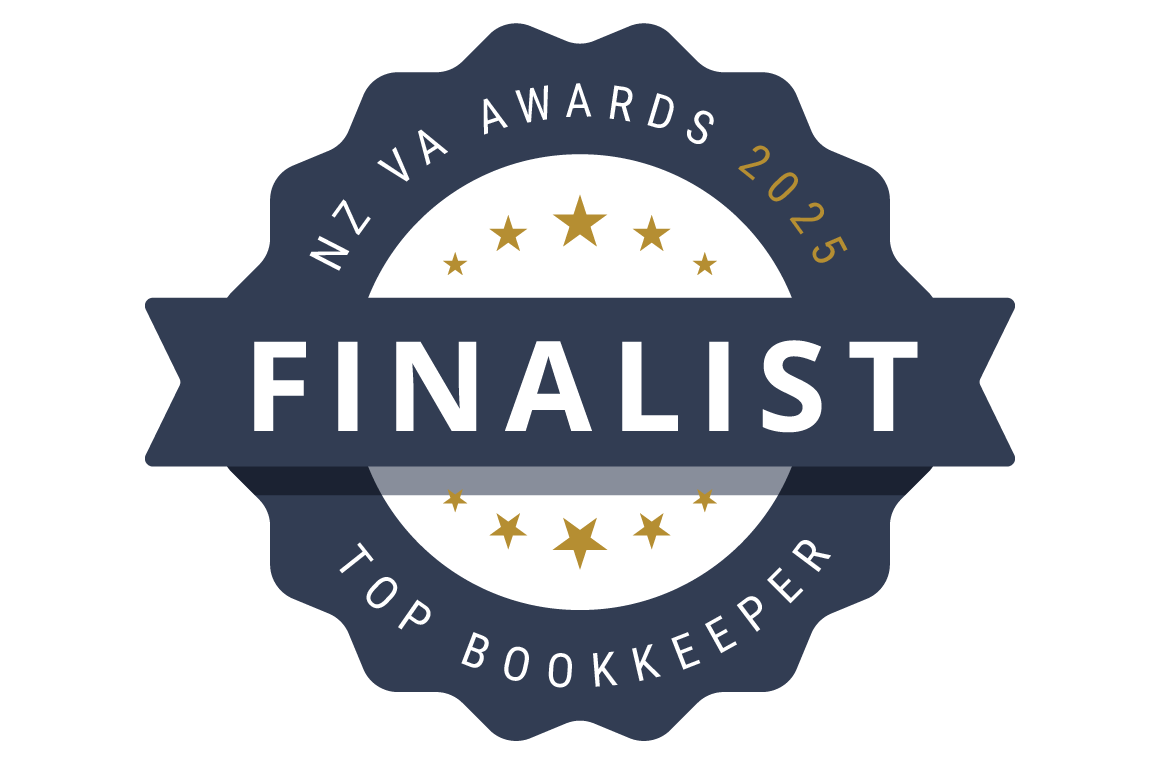 Badge with a dark blue ribbon that says 'FINALIST' in white, surrounded by stars, with the text 'IN VA AWARDS 2025' and 'TOP BOOKKEEPER' on the badge, indicating a finalist award in 2025 for top bookkeeper in Virginia.