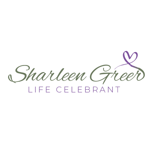Logo with the name 'Sharleen Greer' and the tagline 'Life Celebrant', featuring a purple heart illustration.