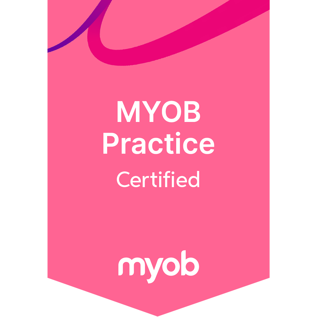 Pink certification card with white text reading "MYOB Practice Certified" and the MYOB logo at the bottom.