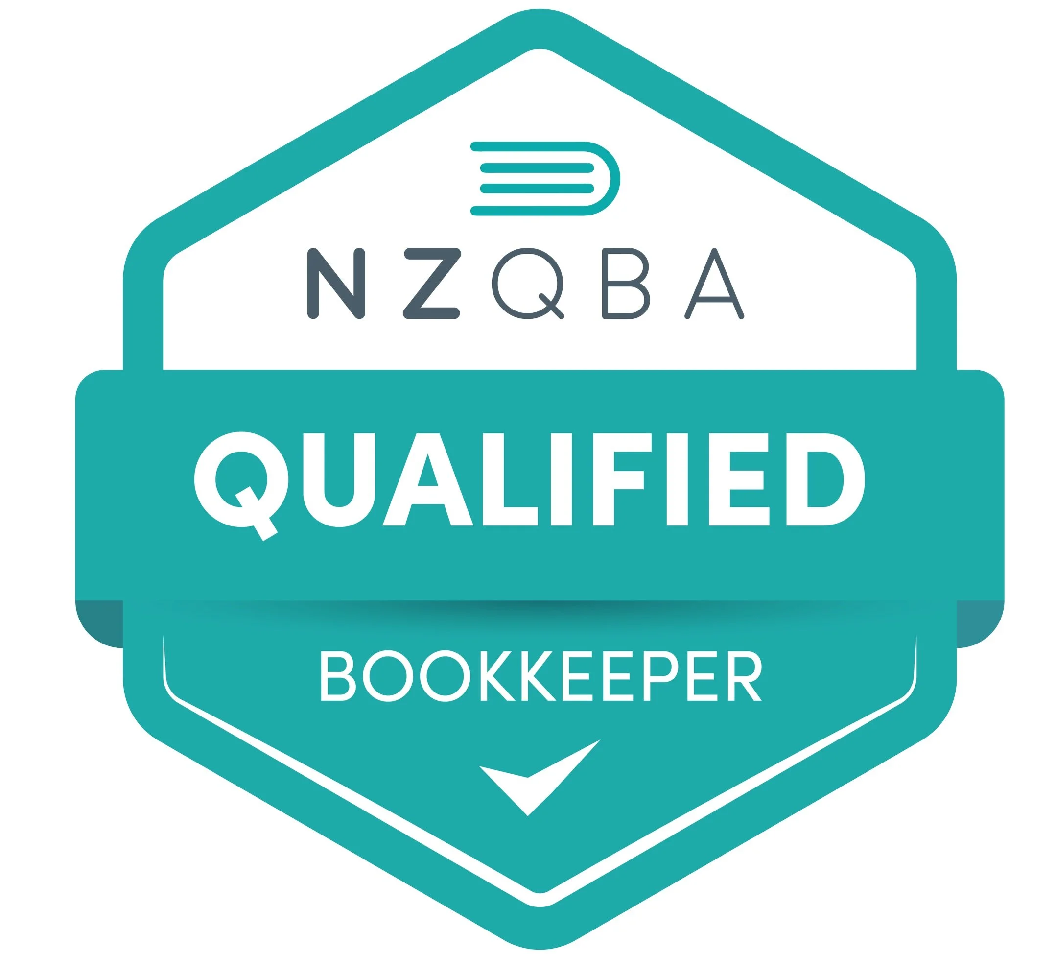 A digital badge with a teal background and white text that says 'QUA LIFIED.' Inside the badge, there is a smaller icon with a book and the initials 'NZQBA' above the word 'BOOKKEEPER'.