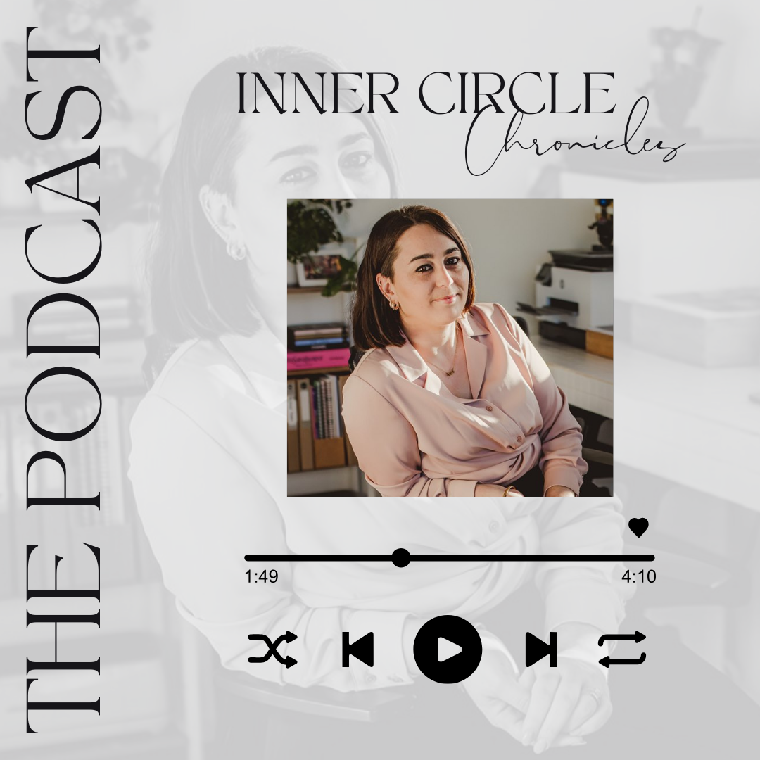 A podcast cover titled 'The Inner Circle Chronicles' featuring a woman sitting in an office with books and a printer in the background.