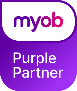 Myob logo with the text 'Purple Partner' on a purple gradient background