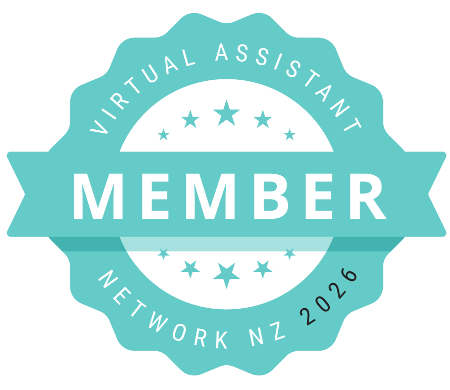 A turquoise badge with white and darker turquoise accents that reads "Virtual Assistant Member Network NZ 2026".