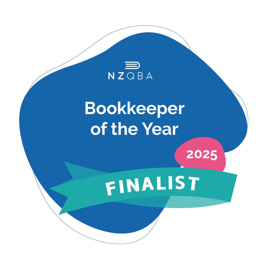 An award badge with the NZQBA logo, praising a finalist for the Bookkeeper of the Year 2025.