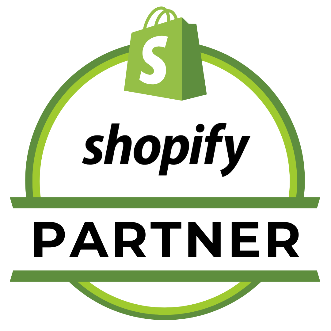 Shopify Partner badge logo with green shopping bag icon and text.