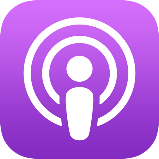 Podcast icon with a white microphone symbol on a purple background.